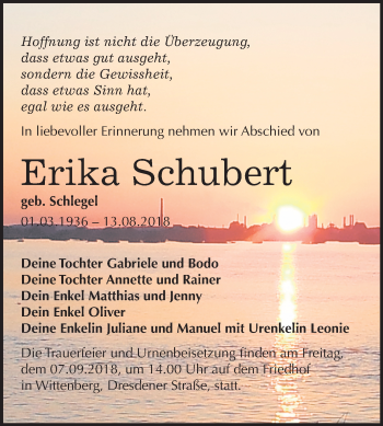 Traueranzeige von Erika Schubert von Mitteldeutsche Zeitung