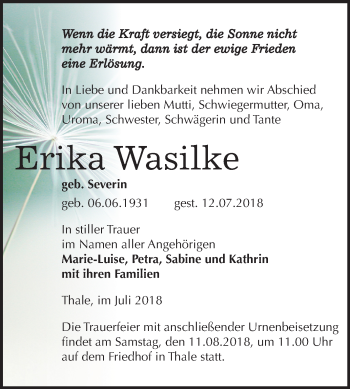 Traueranzeige von Erika Wasilke von Mitteldeutsche Zeitung