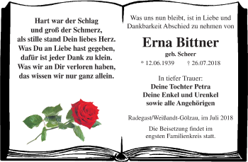 Traueranzeige von Erna Bittner von Mitteldeutsche Zeitung Köthen