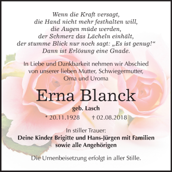 Traueranzeige von Erna Blanck von Mitteldeutsche Zeitung Bitterfeld