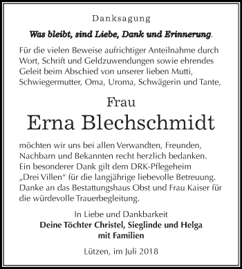 Traueranzeige von Erna Blechschmidt von Super Sonntag Merseburg