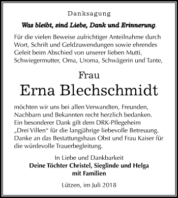 Traueranzeige von Erna Blechschmidt von Mitteldeutsche Zeitung Weißenfels