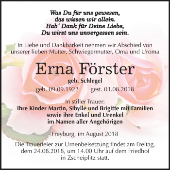 Traueranzeige von Erna Förster von Mitteldeutsche Zeitung