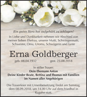 Traueranzeige von Erna Goldberger von WVG - Wochenspiegel Bitterfeld