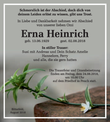 Traueranzeige von Erna Heinrich von WVG - Wochenspiegel Bitterfeld