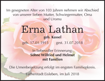 Traueranzeige von Erna Lathan von Mitteldeutsche Zeitung