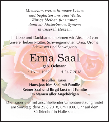 Traueranzeige von Erna Saal von Mitteldeutsche Zeitung Halle/Saalkreis