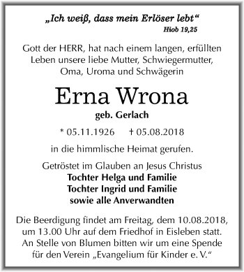 Traueranzeige von Erna Wrona von Mitteldeutsche Zeitung