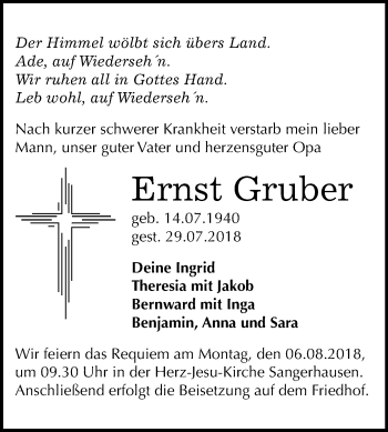 Traueranzeige von Ernst Gruber von Mitteldeutsche Zeitung Sangerhausen