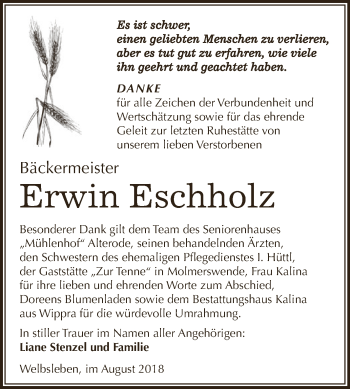 Traueranzeige von Erwin Eschholz von Super Sonntag SGH Mansf. Land