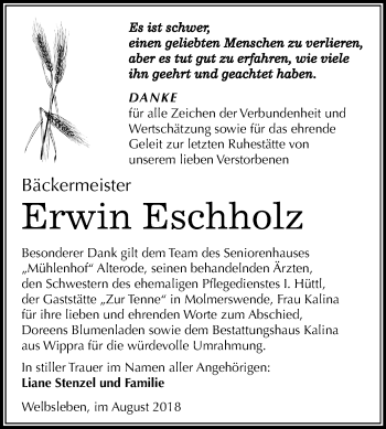 Traueranzeige von Erwin Eschholz von Mitteldeutsche Zeitung