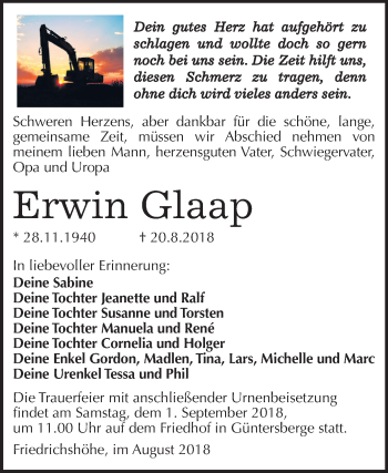 Traueranzeige von Erwin Glaap von Mitteldeutsche Zeitung