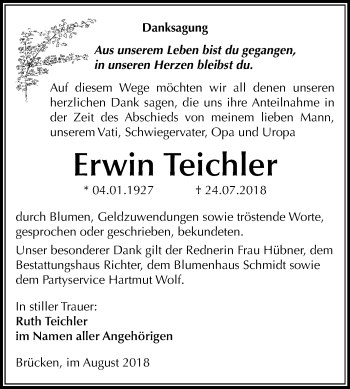 Traueranzeige von Erwin Teichler von Mitteldeutsche Zeitung Sangerhausen