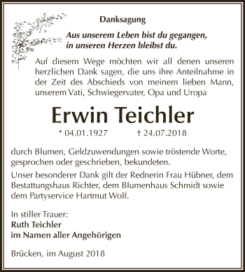 Traueranzeige von Erwin Teichler von Super Sonntag SGH Mansf. Land