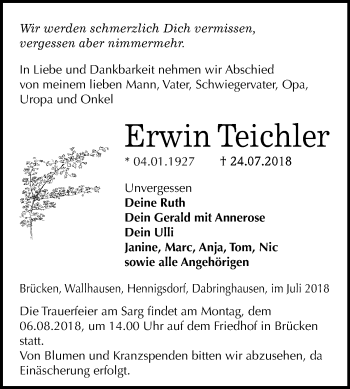 Traueranzeige von Erwin Teichler von Mitteldeutsche Zeitung Sangerhausen