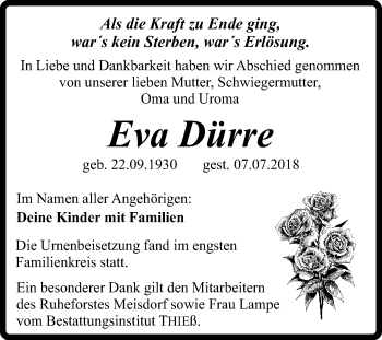 Traueranzeige von Eva Dürre von Mitteldeutsche Zeitung Quedlinburg