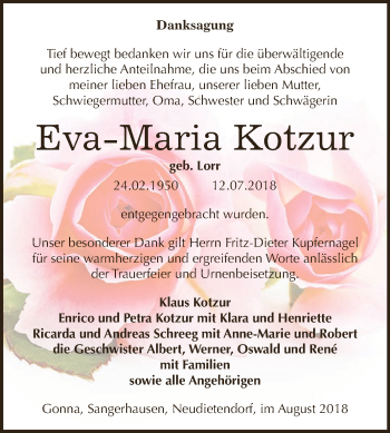 Traueranzeige von Eva-Maria Kotzur von Super Sonntag SGH Mansf. Land