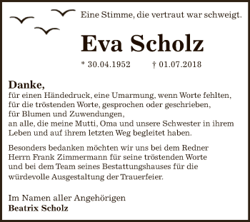 Traueranzeige von Eva Scholz von WVG - Wochenspiegel Dessau / Köthen