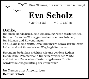 Traueranzeige von Eva Scholz von Mitteldeutsche Zeitung Dessau-Roßlau