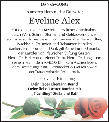 Traueranzeige von Eveline Alex von Mitteldeutsche Zeitung Bernburg