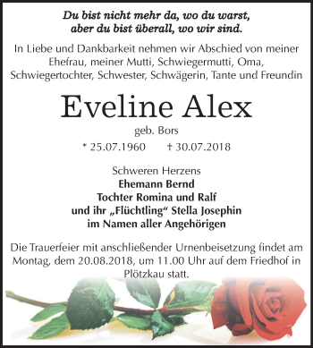 Traueranzeige von Eveline Alex von Mitteldeutsche Zeitung Bernburg