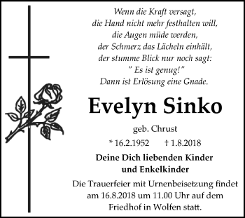 Traueranzeige von Evelyn Sinko von Mitteldeutsche Zeitung Bitterfeld