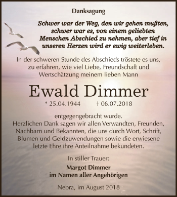 Traueranzeige von Ewald Dimmer von WVG - Wochenspiegel NMB / WSF / ZTZ