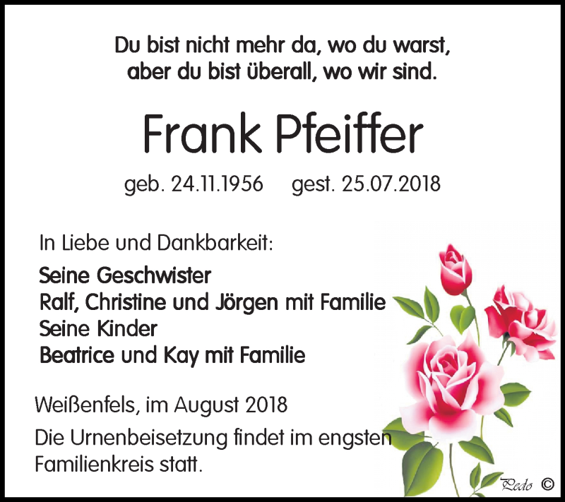  Traueranzeige für Frank Pfeiffer vom 11.08.2018 aus Mitteldeutsche Zeitung Weißenfels