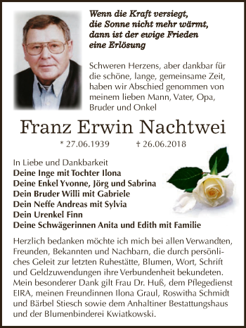 Traueranzeige von Franz Erwin Nachtwei von WVG - Wochenspiegel Dessau / Köthen