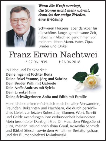 Traueranzeige von Franz Erwin Nachtwei von Mitteldeutsche Zeitung Dessau-Roßlau