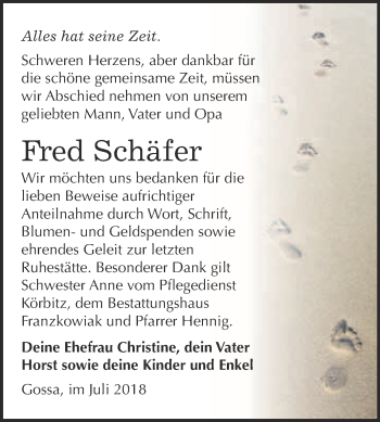 Traueranzeige von Fred Schäfer von WVG - Wochenspiegel Bitterfeld