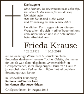Traueranzeige von Frieda Krause von WVG - Wochenspiegel Dessau / Köthen
