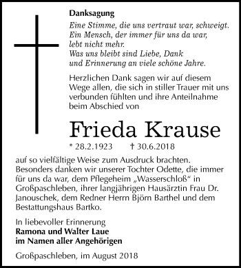 Traueranzeige von Frieda Krause von Mitteldeutsche Zeitung Köthen