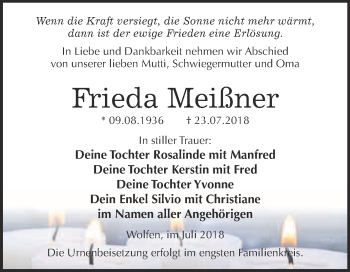 Traueranzeige von Frieda Meißner von WVG - Wochenspiegel Bitterfeld
