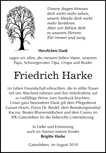 Traueranzeige von Friedrich Harke von Mitteldeutsche Zeitung Aschersleben