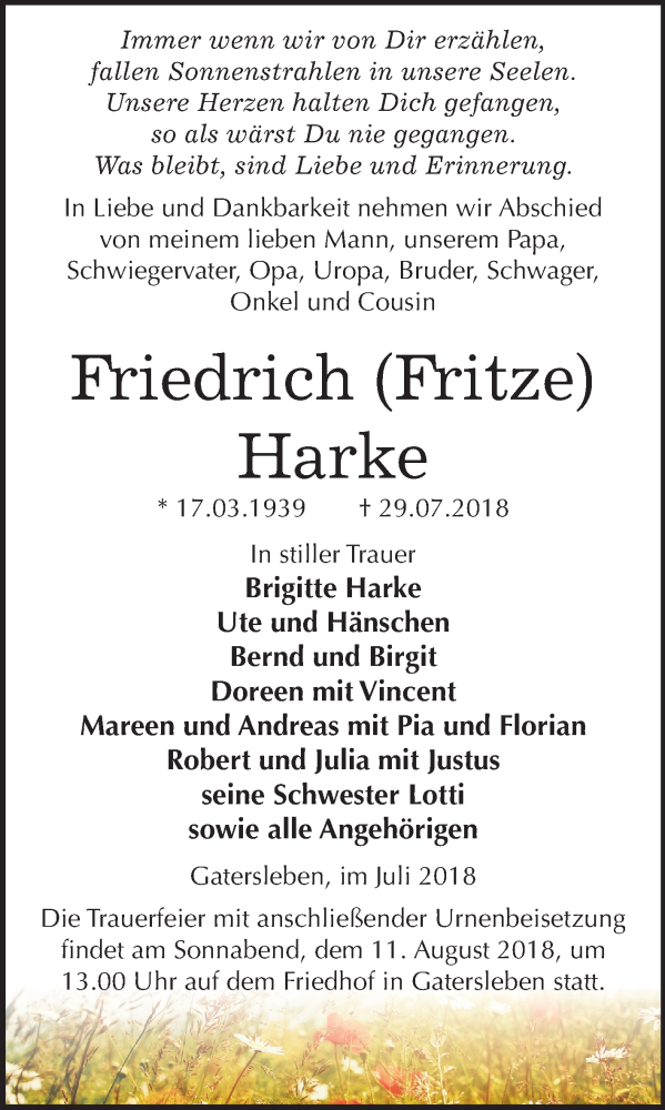  Traueranzeige für Friedrich Harke vom 04.08.2018 aus Mitteldeutsche Zeitung Aschersleben