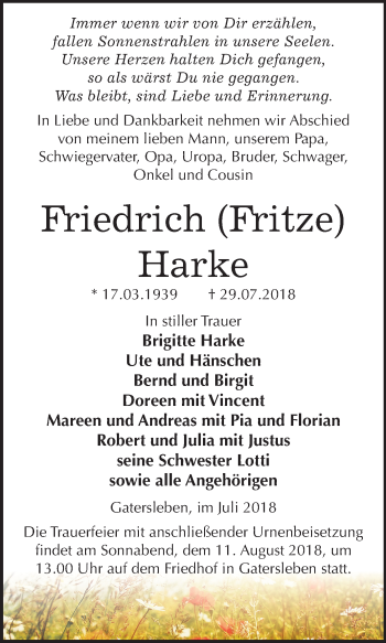 Traueranzeige von Friedrich Harke von Mitteldeutsche Zeitung Aschersleben