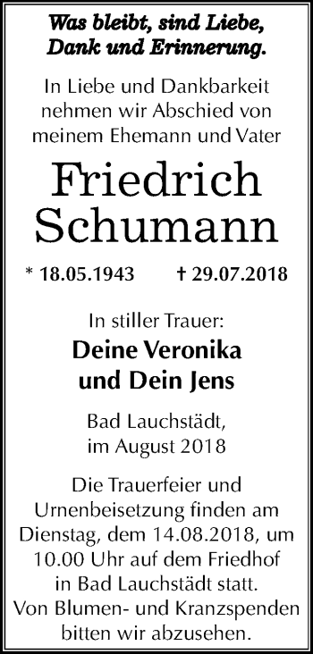 Traueranzeige von Friedrich Schumann von Mitteldeutsche Zeitung Merseburg/Querfurt