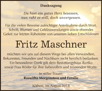 Traueranzeige von Fritz Maschner von WVG - Wochenspiegel Dessau / Köthen