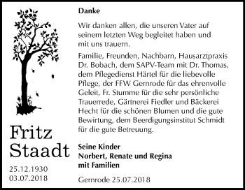 Traueranzeige von Fritz Staadt von Mitteldeutsche Zeitung Quedlinburg