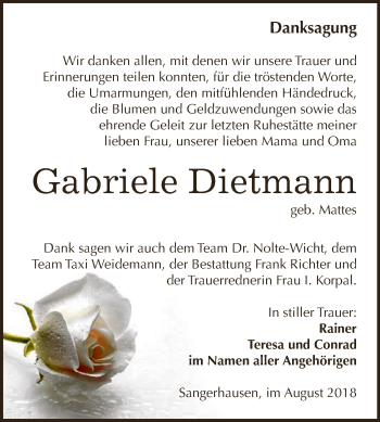 Traueranzeige von Gabriele Dietmann von Super Sonntag SGH Mansf. Land
