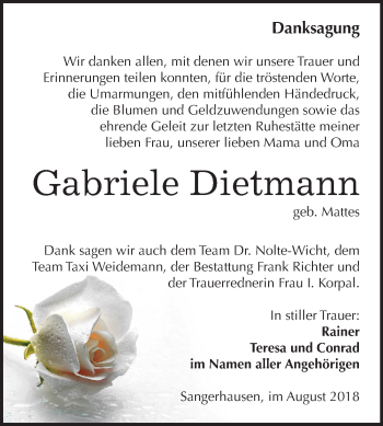 Traueranzeige von Gabriele Dietmann von Mitteldeutsche Zeitung Sangerhausen