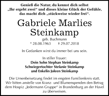 Traueranzeige von Gabriele Marlies Steinkamp von Mitteldeutsche Zeitung Quedlinburg