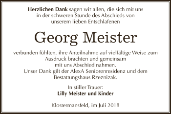 Traueranzeige von Georg Meister von Wochenspiegel Mansfelder Land