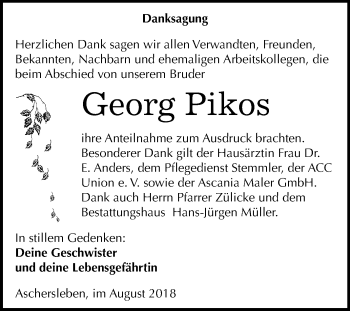 Traueranzeige von Georg Pikos von Mitteldeutsche Zeitung Aschersleben