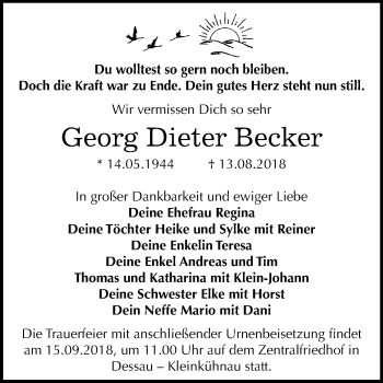 Traueranzeige von Georg Dieter Becker von Mitteldeutsche Zeitung Dessau-Roßlau