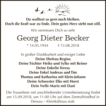 Traueranzeige von Georg Dieter Becker von WVG - Wochenspiegel Dessau / Köthen