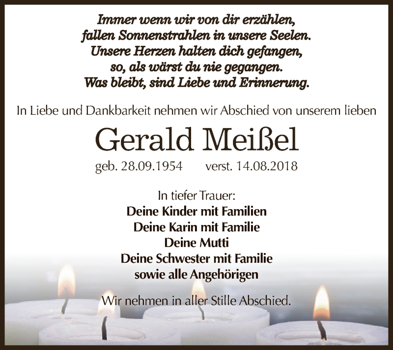  Traueranzeige für Gerald Meißel vom 22.08.2018 aus WVG - Wochenspiegel NMB / WSF / ZTZ