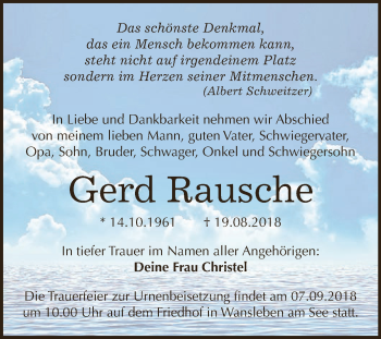 Traueranzeige von Gerd Rausche von Wochenspiegel Mansfelder Land