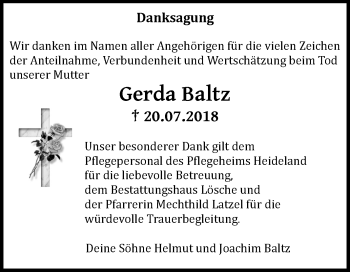 Traueranzeige von Gerda Baltz von Mitteldeutsche Zeitung